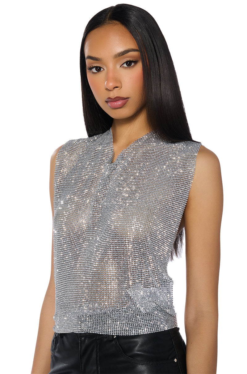 GLISTEN OPEN BACK RHINESTONE CHAIN MAIL TOP