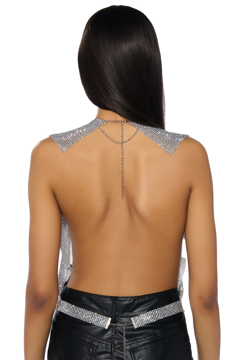 GLISTEN OPEN BACK RHINESTONE CHAIN MAIL TOP