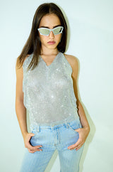 GLISTEN OPEN BACK RHINESTONE CHAIN MAIL TOP
