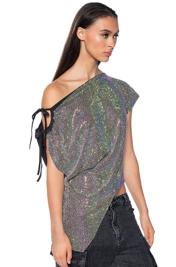 GLISTENING ASYMMETRICAL TSHIRT IN GREY MULTI