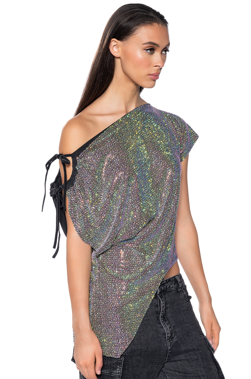 GLISTENING ASYMMETRICAL TSHIRT IN GREY MULTI