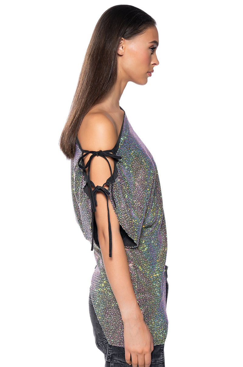 GLISTENING ASYMMETRICAL TSHIRT IN GREY MULTI