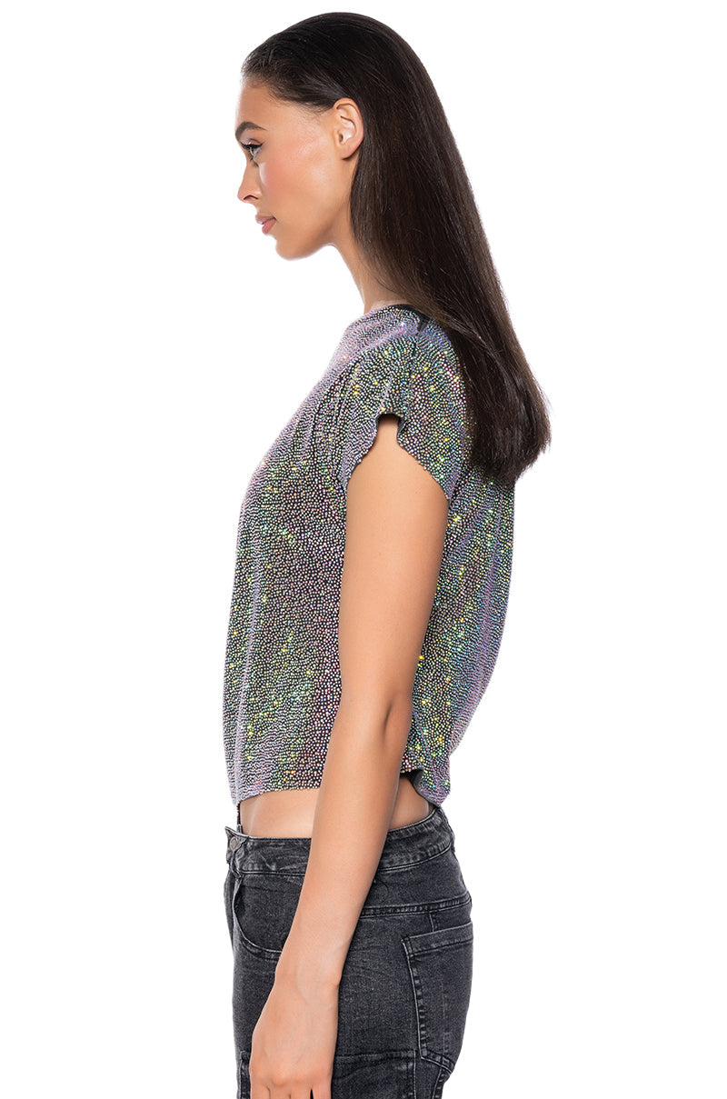GLISTENING ASYMMETRICAL TSHIRT IN GREY MULTI