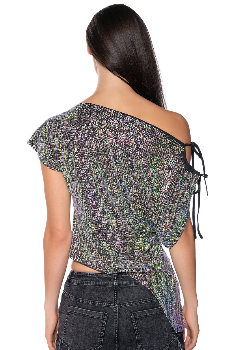 GLISTENING ASYMMETRICAL TSHIRT IN GREY MULTI