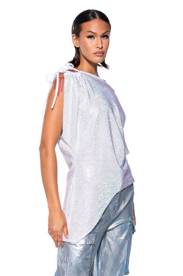GLISTENING ASYMMETRICAL TSHIRT IN WHITE MULTI
