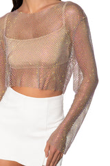 GLISTENING RHINESTONE MESH LONG SLEEVE TOP