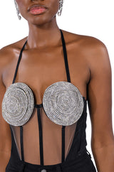 GLITCH IN THE MATRIX RHINESTONE MESH HALTER BODYSUIT