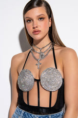 GLITCH IN THE MATRIX RHINESTONE MESH HALTER BODYSUIT