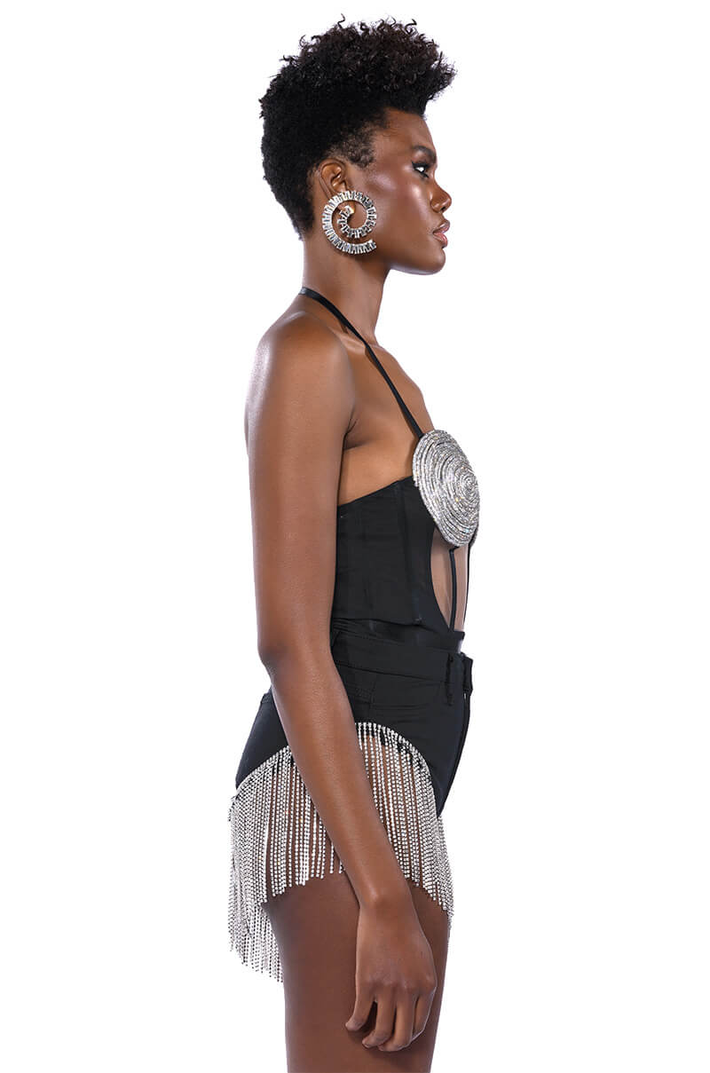 GLITCH IN THE MATRIX RHINESTONE MESH HALTER BODYSUIT