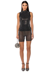 GLITZ SLEEVELESS MESH TOP IN BLACK