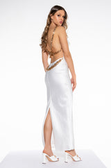 GOLDEN BABY MAXI SATIN DRESS WITH GOLD CHAIN TRIM