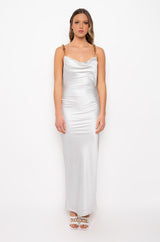 GOLDEN BABY MAXI SATIN DRESS WITH GOLD CHAIN TRIM