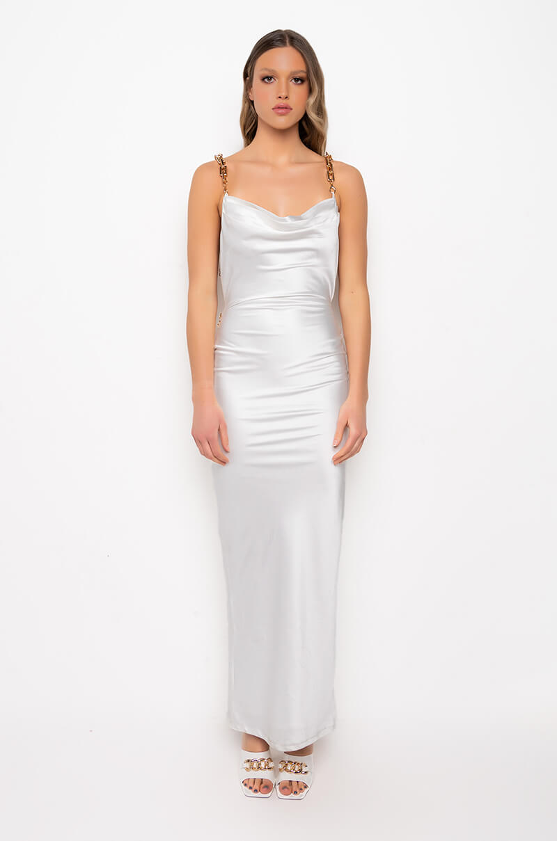 GOLDEN BABY MAXI SATIN DRESS WITH GOLD CHAIN TRIM
