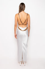 GOLDEN BABY MAXI SATIN DRESS WITH GOLD CHAIN TRIM
