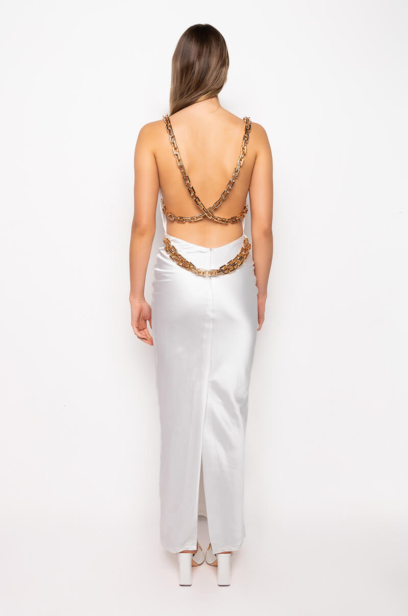 GOLDEN BABY MAXI SATIN DRESS WITH GOLD CHAIN TRIM