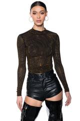 GOLDEN GLITZ LONG SLEEVE MESH TOP