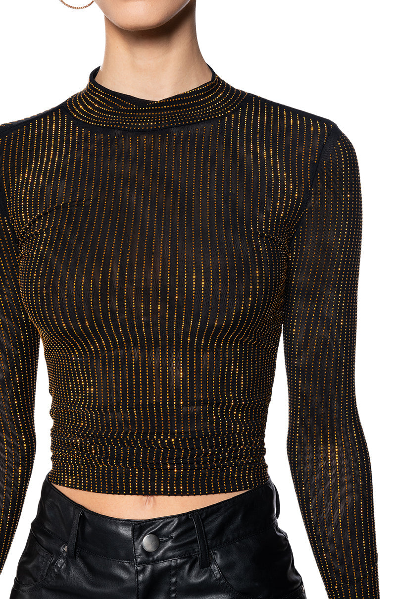 GOLDEN GLITZ LONG SLEEVE MESH TOP