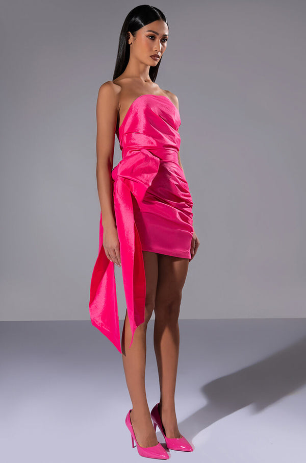 GOLDEN HOUR STRAPLESS RUCHED BOW DETAIL MINI DRESS