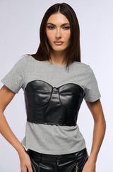 GOT ME TWISTED T SHIRT WITH FAUX LEATHER CORSET DETAIL