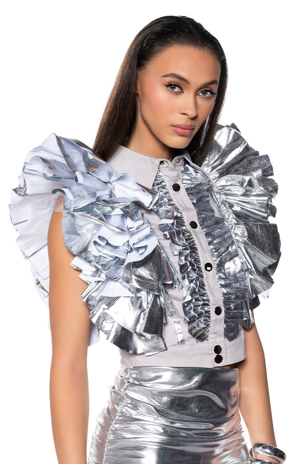 GREATEST SHOW METALLIC RUFFLE BUTTON DOWN BLOUSE