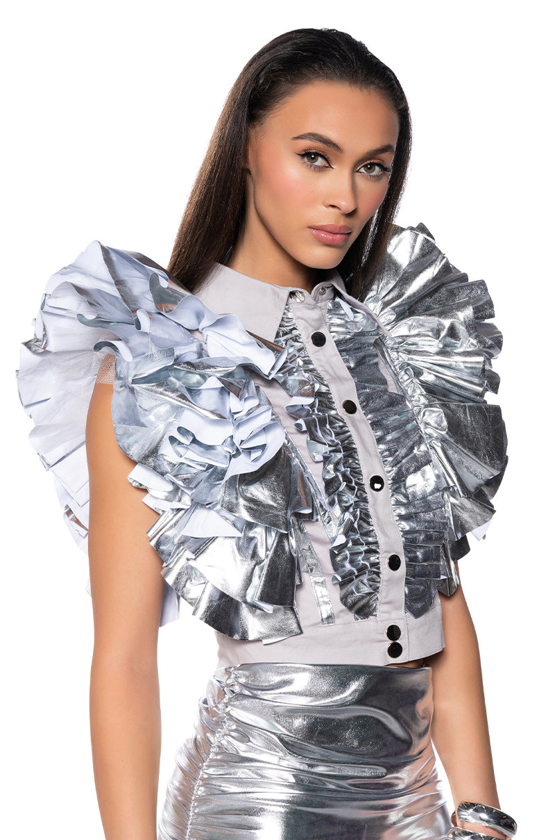 GREATEST SHOW METALLIC RUFFLE BUTTON DOWN BLOUSE