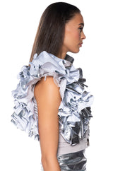 GREATEST SHOW METALLIC RUFFLE BUTTON DOWN BLOUSE