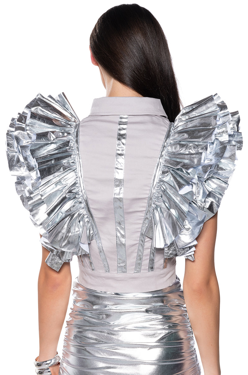 GREATEST SHOW METALLIC RUFFLE BUTTON DOWN BLOUSE