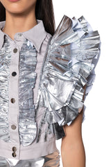 GREATEST SHOW METALLIC RUFFLE BUTTON DOWN BLOUSE