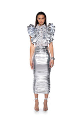 GREATEST SHOW METALLIC RUFFLE BUTTON DOWN BLOUSE