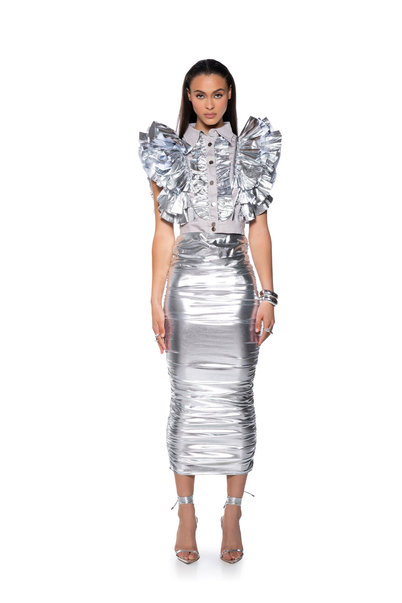 GREATEST SHOW METALLIC RUFFLE BUTTON DOWN BLOUSE