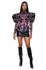 GRECIAN ISLANDS PUFF SHOULDER MESH BUTTON DOWN BLOUSE