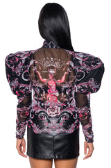 GRECIAN ISLANDS PUFF SHOULDER MESH BUTTON DOWN BLOUSE