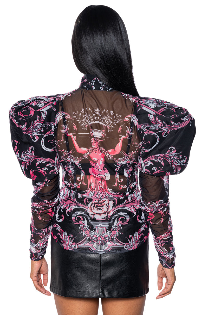 GRECIAN ISLANDS PUFF SHOULDER MESH BUTTON DOWN BLOUSE