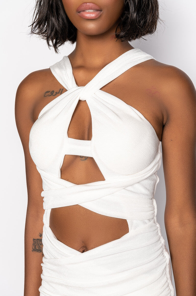 GREEK GODDESS WRAP TOP SLINKY DRESS