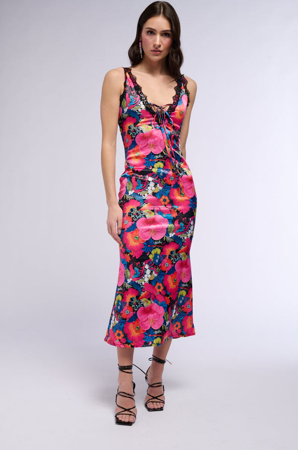 GROOVY BABY PRINTED SATIN MIDI DRESS