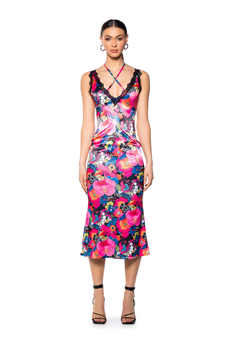 GROOVY BABY PRINTED SATIN MIDI DRESS