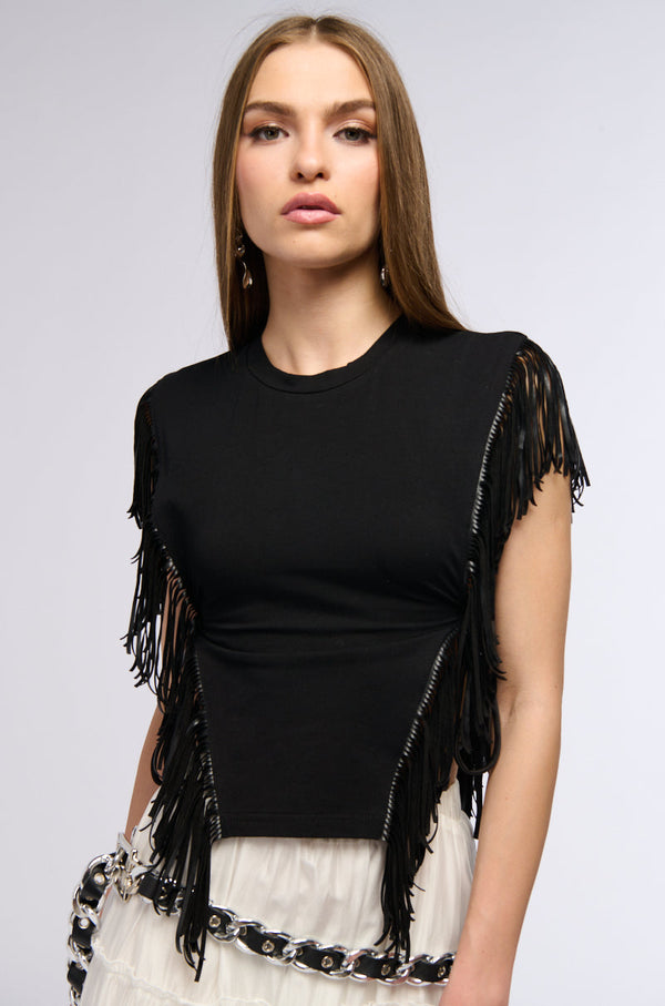 GRUNGE GIRL FAUX LEATHER FRINGE TSHIRT