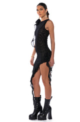 HAILEY SLEEVELESS ASYMMETRICAL RUFFLE MESH MIDI DRESS