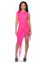 HAILEY SLEEVELESS ASYMMETRICAL RUFFLE MESH MIDI DRESS