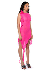 HAILEY SLEEVELESS ASYMMETRICAL RUFFLE MESH MIDI DRESS