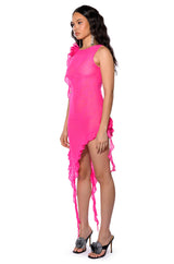 HAILEY SLEEVELESS ASYMMETRICAL RUFFLE MESH MIDI DRESS