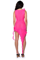 HAILEY SLEEVELESS ASYMMETRICAL RUFFLE MESH MIDI DRESS