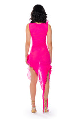 HAILEY SLEEVELESS ASYMMETRICAL RUFFLE MESH MIDI DRESS