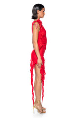 HAILEY SLEEVELESS ASYMMETRICAL RUFFLE MESH MIDI DRESS