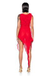 HAILEY SLEEVELESS ASYMMETRICAL RUFFLE MESH MIDI DRESS