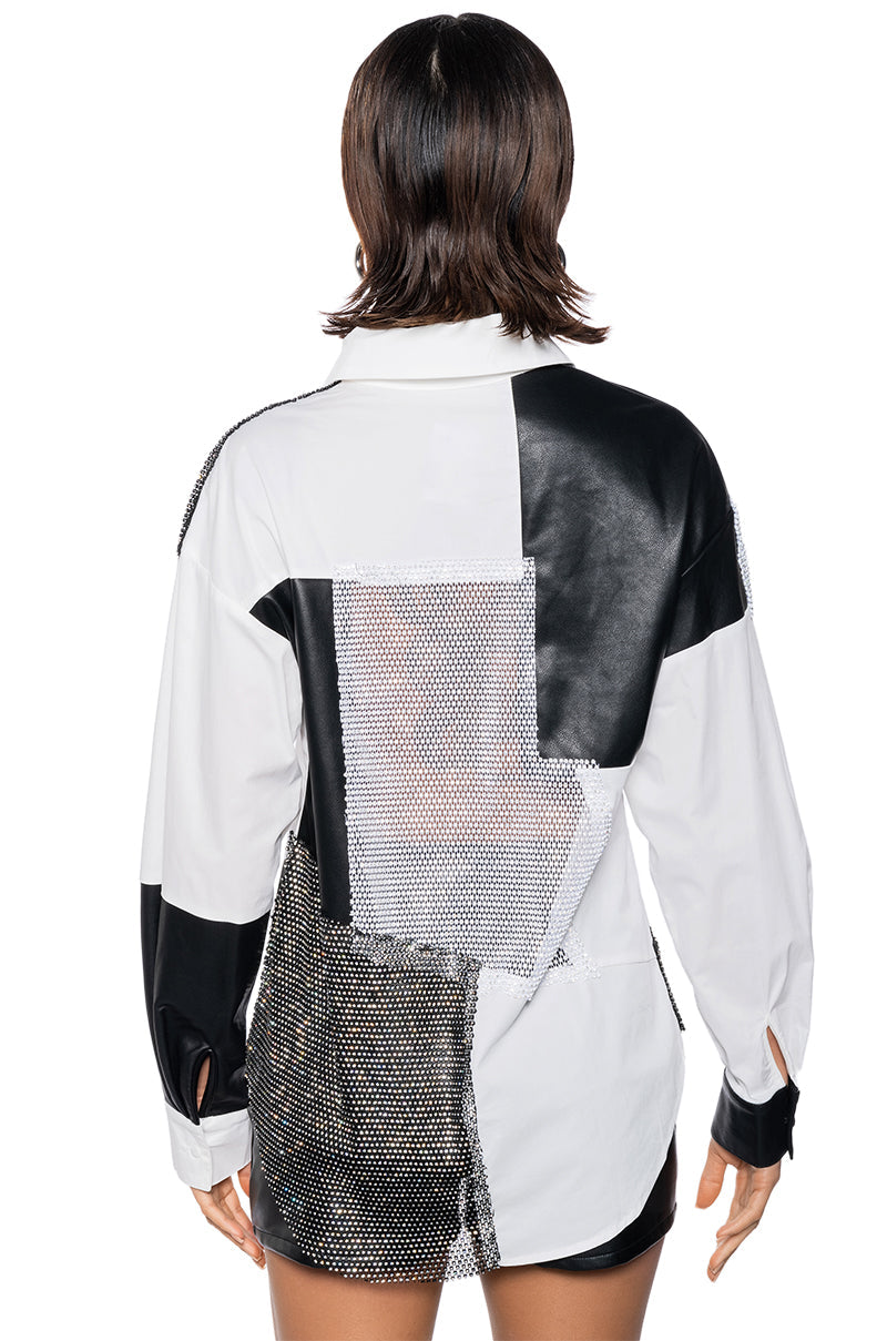 HANDS TO MYSELF LONG SLEEVE RHINESTONE POPLIN SHIT