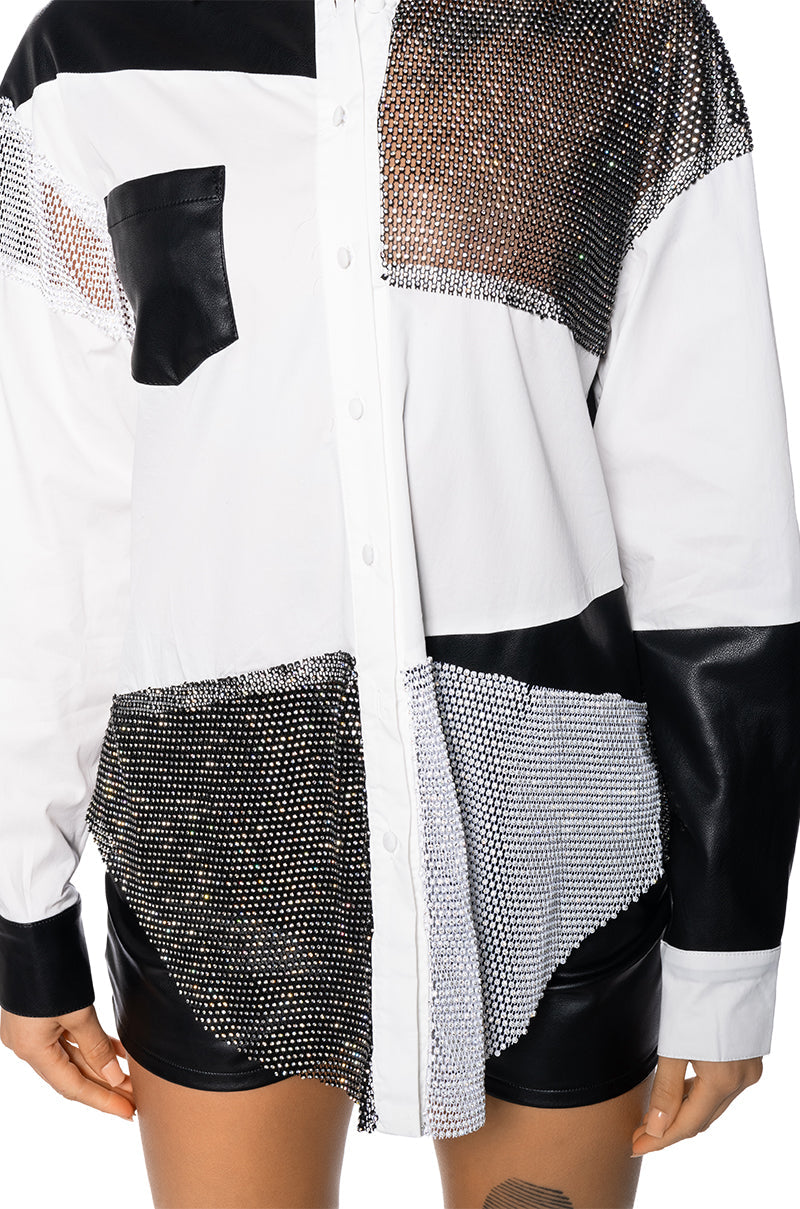 HANDS TO MYSELF LONG SLEEVE RHINESTONE POPLIN SHIT