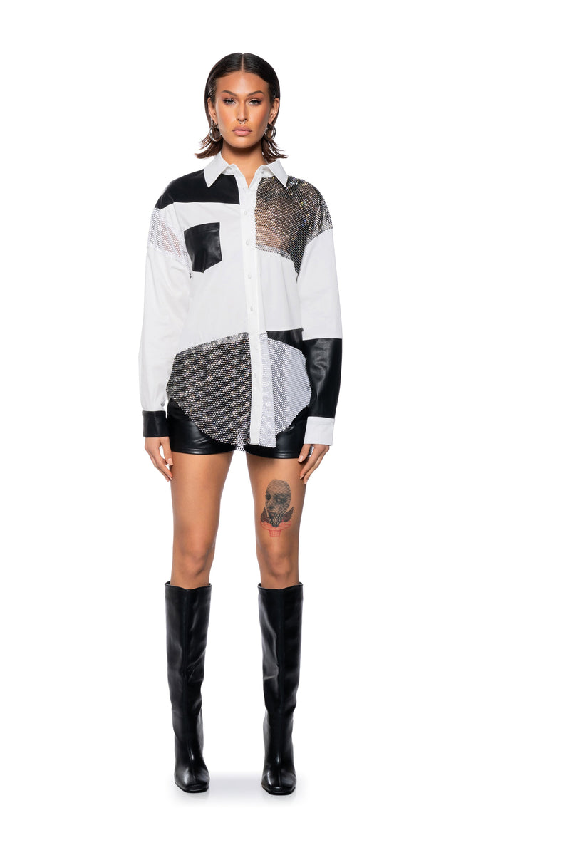 HANDS TO MYSELF LONG SLEEVE RHINESTONE POPLIN SHIT