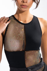 HERE AND THERE RHINESTONE MESH PANEL SLEEVELESS CHEEKY BODYSUIT