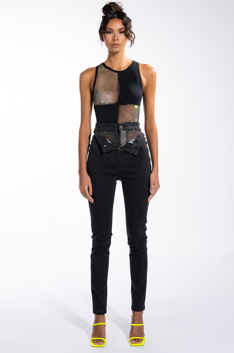 HERE AND THERE RHINESTONE MESH PANEL SLEEVELESS CHEEKY BODYSUIT